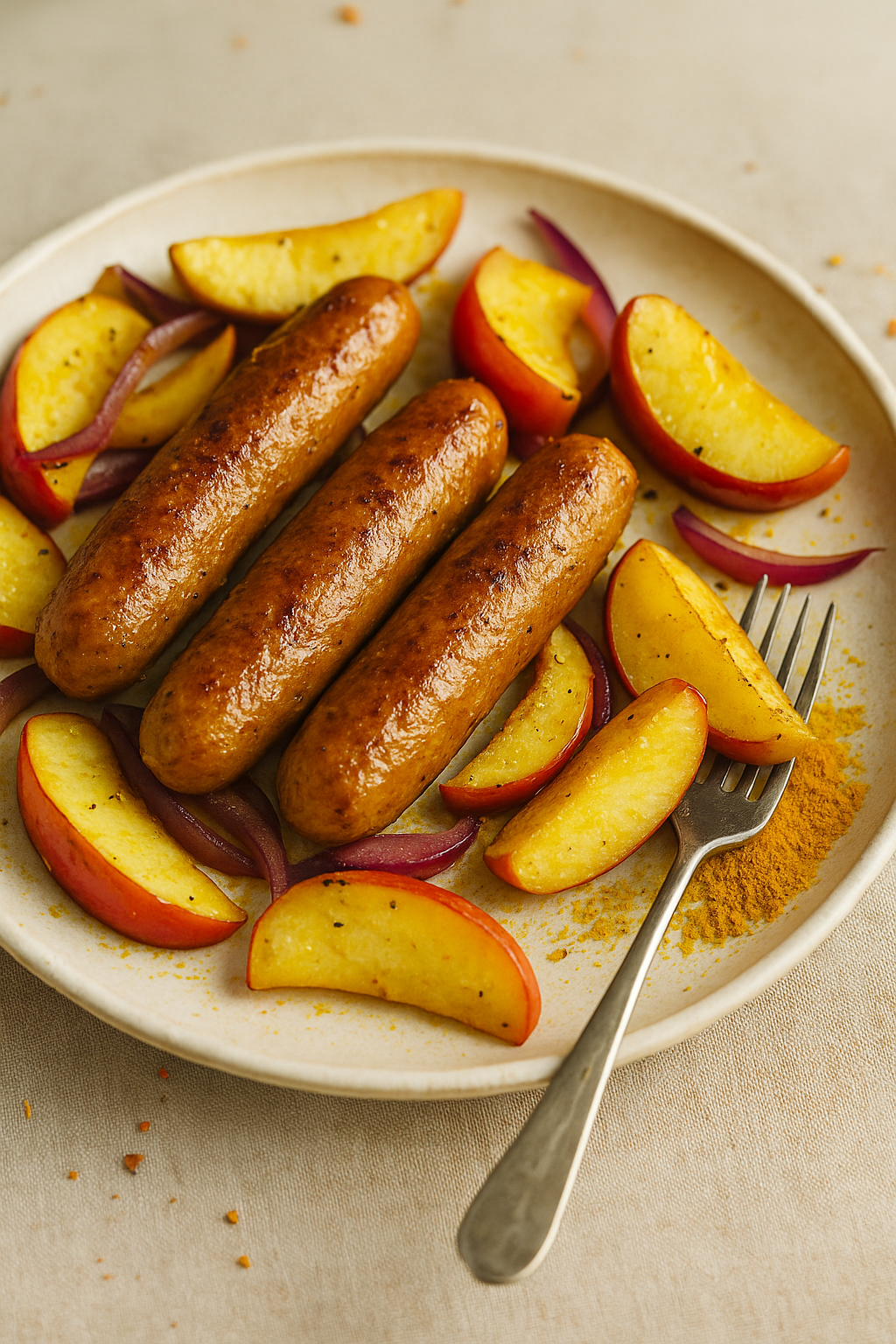 Photo de la recette: Faucisses au curry et pommes rôties