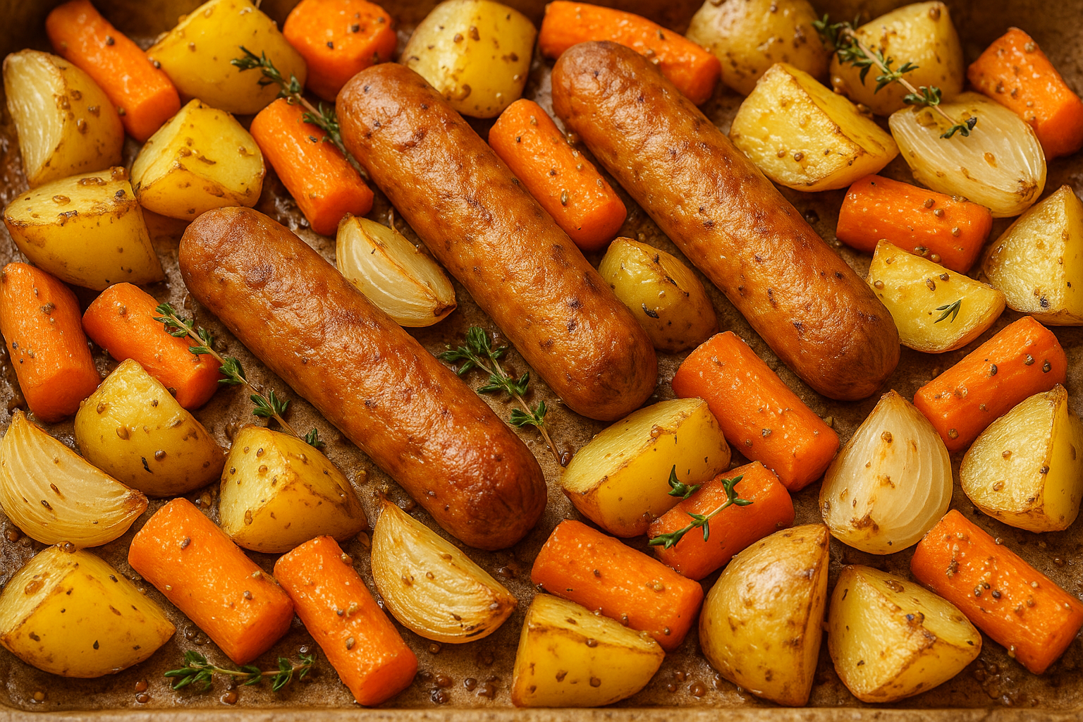 Photo de la recette: Faucisses et légumes rôtis à la moutarde